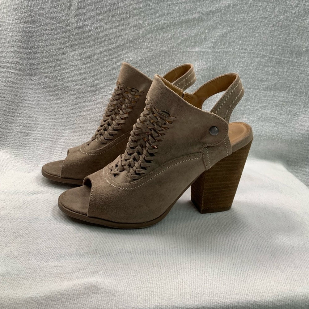 Alter’d State Mio Woven Open Toe Slip-On‎ Sling Back Chunky Heels Taupe Size 8.5 - Picture 15 of 15